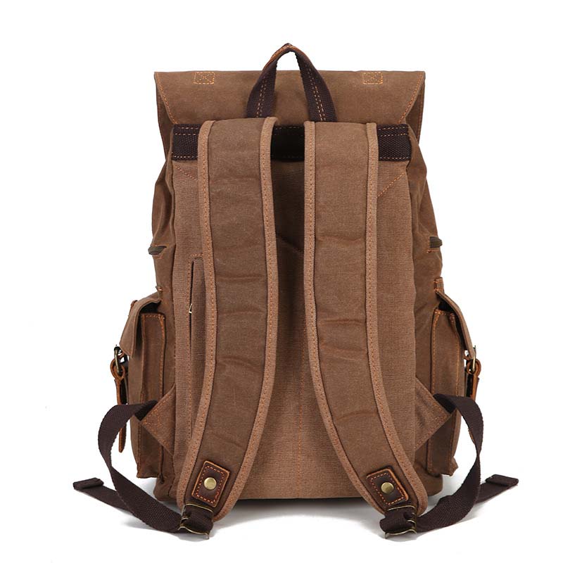 Vintage Distressed Leather Waxed Canvas Backpack Large Capacity Multiple -pockets New Waterproof Drawstring Outdoor Travel Double-Shoulder Bag
