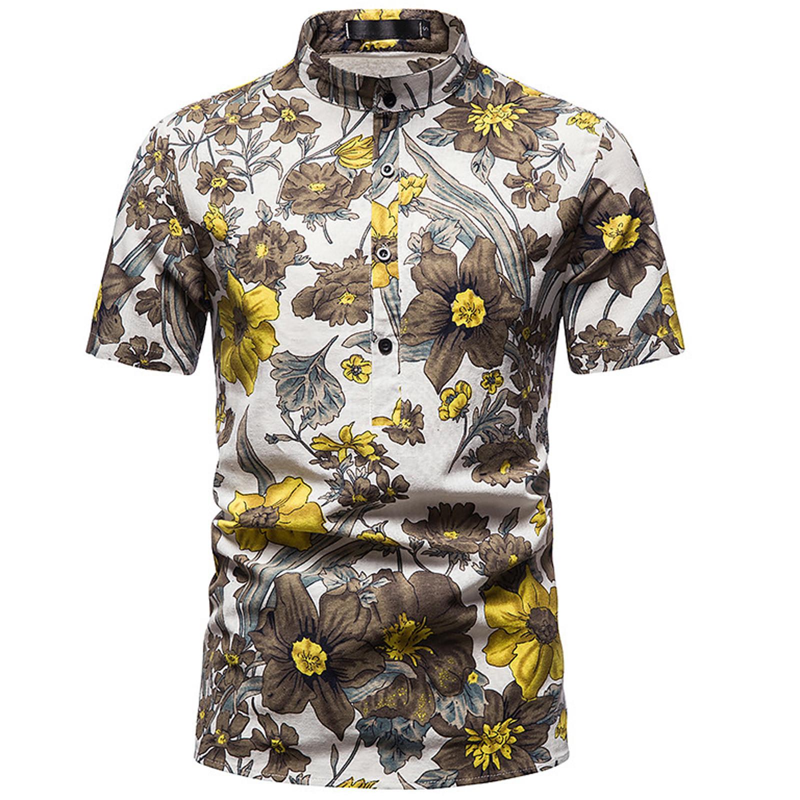 

Мужская повседневная рубашка с коротким воротником-стойкой, гавайская пляжная рубашка с короткими рукавами и цветочным принтом S кофейный