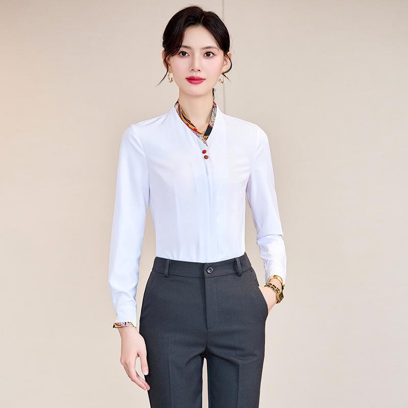 High-End Women's White Long Sleeve Shirt 2024 - Spring/Autumn Hotel Reception & Catering Uniform