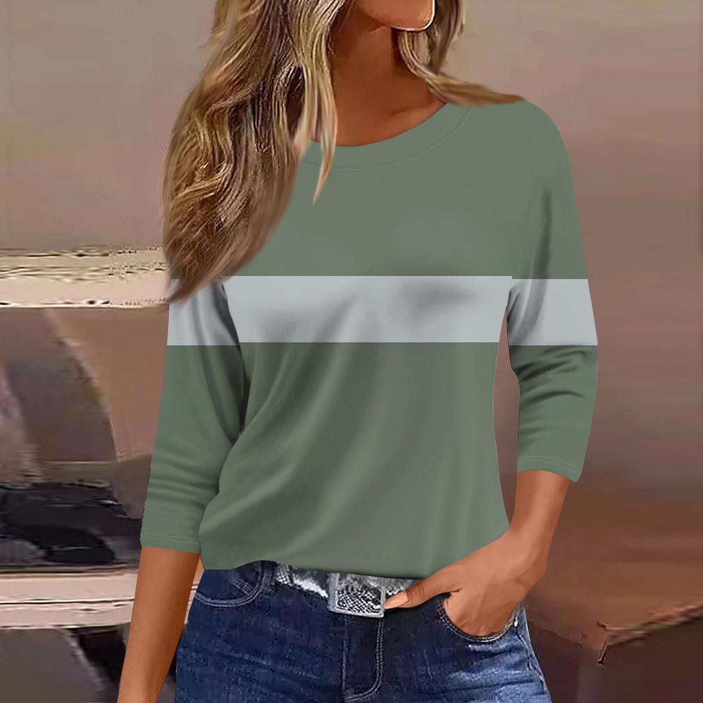 Damen Modisches Lässiges Rundhals-T-Shirt Mit Gestreiftem Patchwork-Druck Und Dreiviertelärmeln