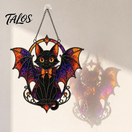 Cute Animal Themed Gift Halloween Bat Cat Suncatcher, Stained Glass Style Acrylic Sun Catcher, Gothic Black Catcher Hanging Ornament for Home