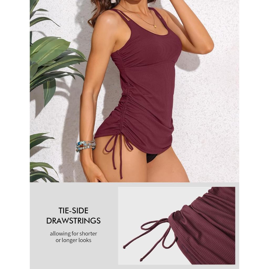 CHARMLEAKS Women's Tankini Top Tie-Side Drawstrings Bathing Suit Top Ribbed Fabric Tummy Control Sporty Swimsuit Top