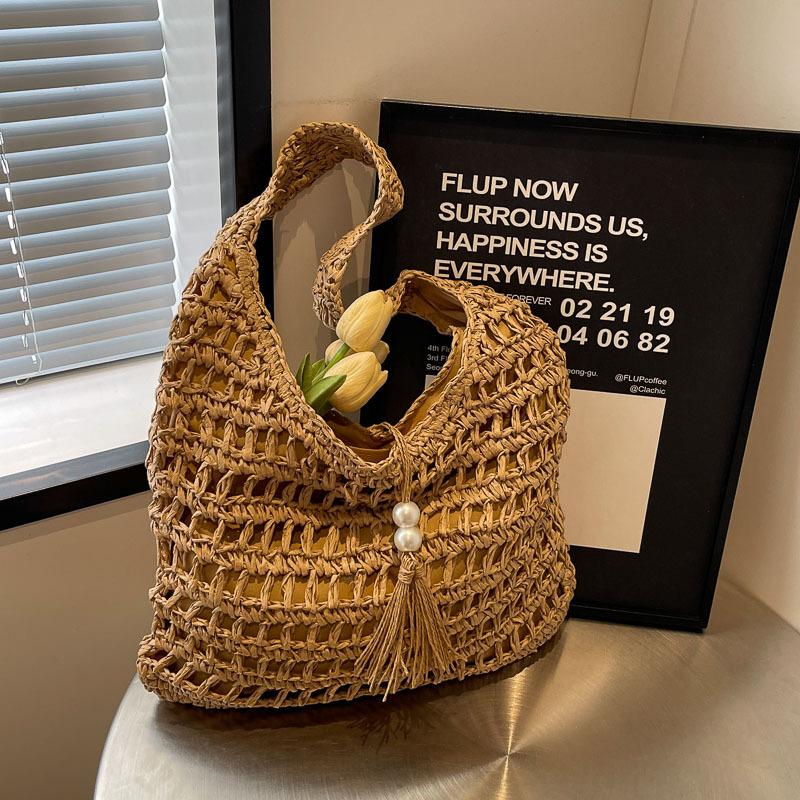 

Плетеная соломенная сумка-тоут для женщин Богемная соломенная сумка с бахромой Женская летняя новая ажурная плетеная сумка Пляжная сумка на плечо для отпуска на море хаки