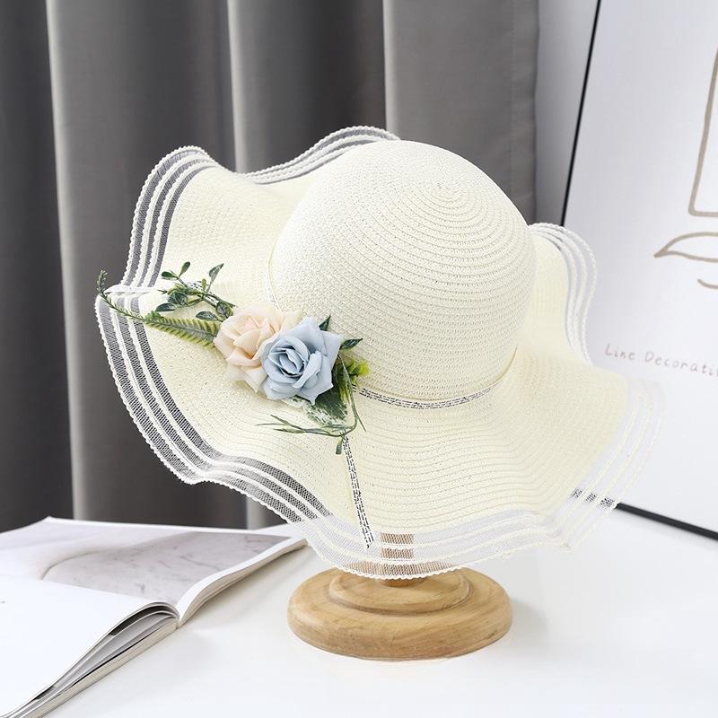 Straw Hat, Versatile In Summer, Seaside Brim, Beach Sun Hat, Fashionable Adult, Simulated Flower, Wave Grass Weaving, Sun Protection