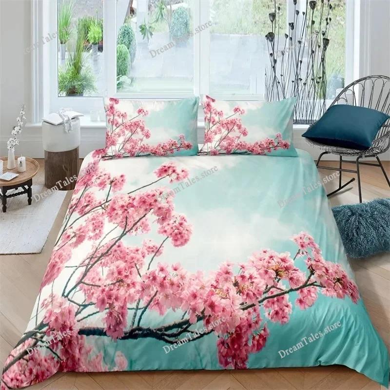 Duvet Cover Set Plum Blossom King Pink Flower Quilt Cover for Girls Microfiber Branches Printed Japanese Ink Style Bedding Set