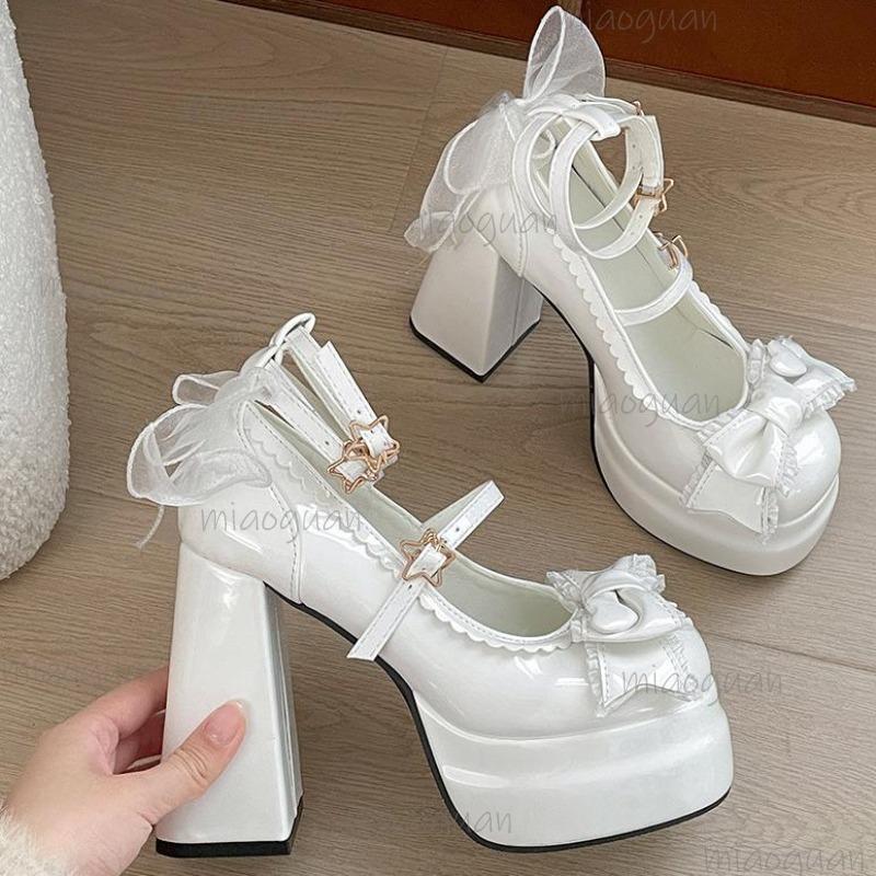 Fashion Platform High Heel Women's Lolita Pumps Fashion Shallow Butterfly-knot Shoes Ladies Party Dress Cross Strap Mary Jane Shoes