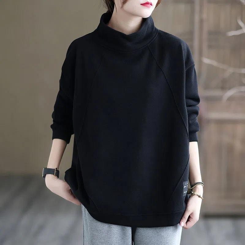 

Autumn Winter Half High Collar Loose Casual Patchwork Sweatshirt Women Solid Color Vintage All-match Pullover Top M чёрный
