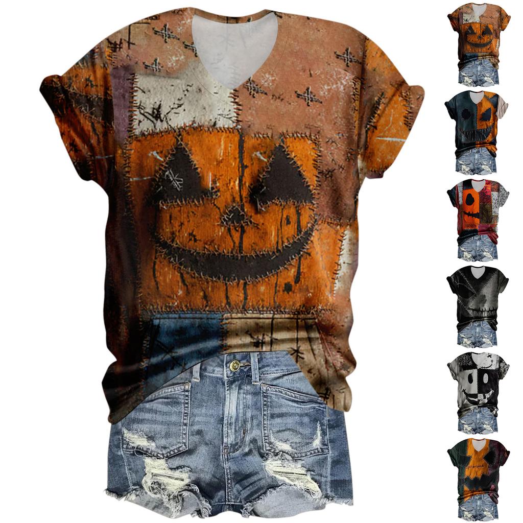 Damenmode Lässig Dreiviertelärmel Halloween Buchstaben, Gesichtsprint Oberteil