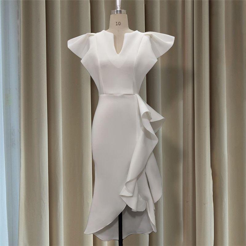 

Large Size New Ruffled Short-sleeved Irregular White Dress White M