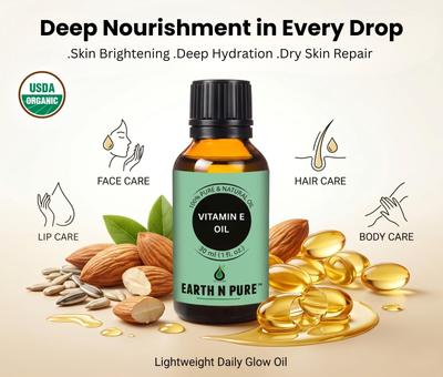 Earth N Pure Vitamin E Öl für Haut & Haare | 100% reines & natürliches Tocopherolöl | Gesichtsfeuchtigkeitsspender, Tiefenfeuchtigkeit für die Haut, Dunkle Flecken, Narben, Nägel