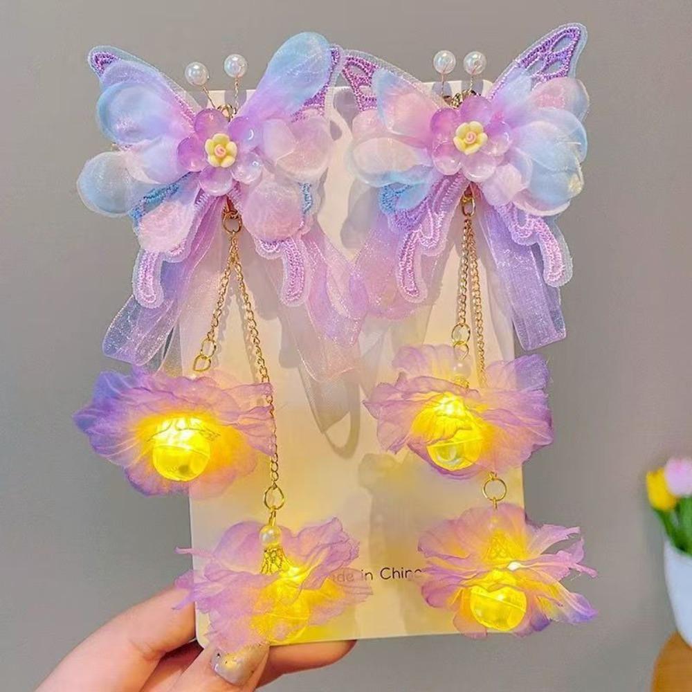 

2pcs/set Luminous Flower Faux Flower Hairpin Extra Large Silk Tassel Hair Clip Shake Tassels Butterfly Hairclips Children s Use фиолетовый