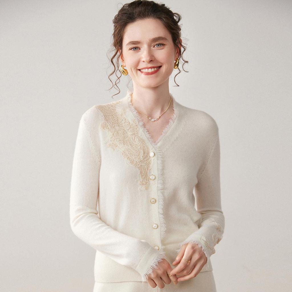 Women's Slim Fit Cashmere Cardigan with Tassel Embroidery - White Knit Sweater Coat for Autumn/Winter 2025