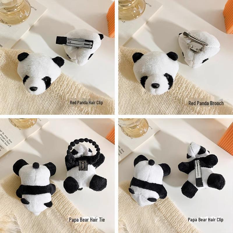 Korean Cute Cartoon Bear Panda Brooch with Plush Doll and Hair Accessories Set