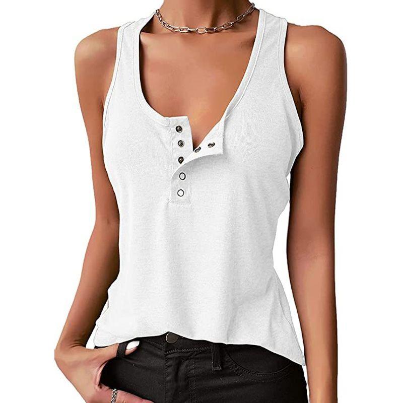 

Solid Color round Neck Button Pure Color Vest for Women White M