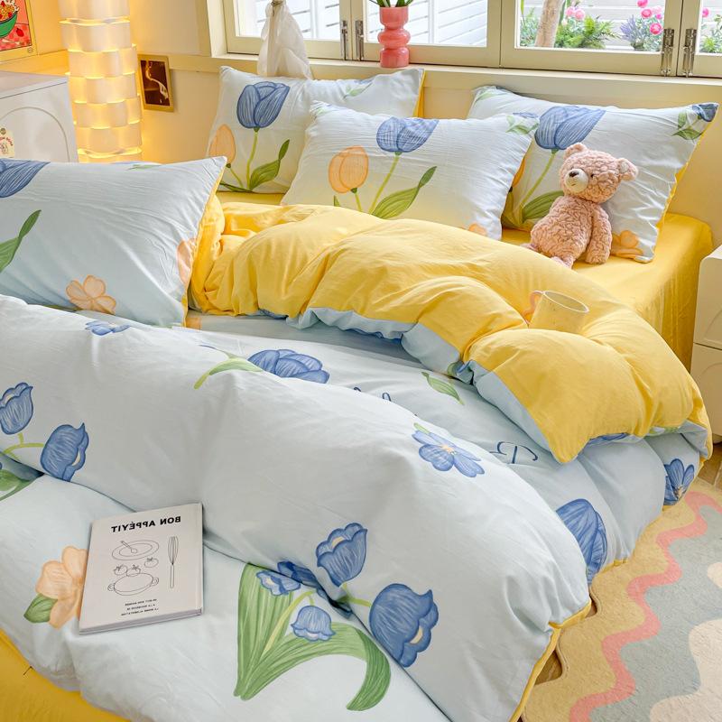 Class A Maternal And Infant Grade Washed Cotton Four-Piece Set Cotton Cartoon Small Fresh Pure Cotton Mattress Quilt Cover 3Pcs Set