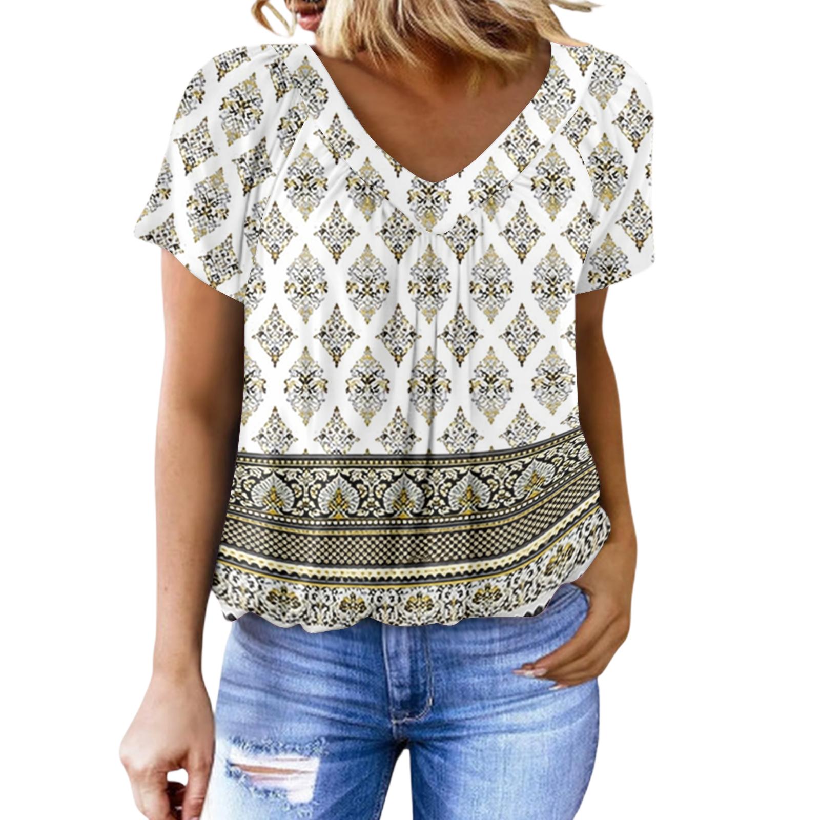 Women s Casual V-neck Pleated Retro Print Short-sleeved Top L армия зеленый