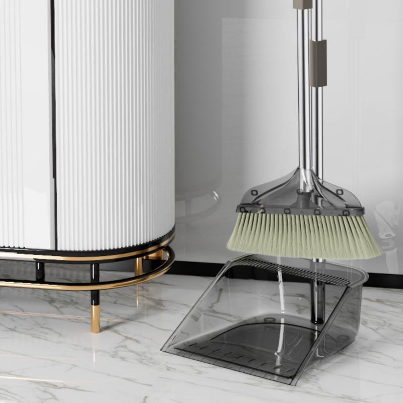 Two-Piece Transparent Plastic Broom and Dustpan Set with Non-Stick Soft Bristles