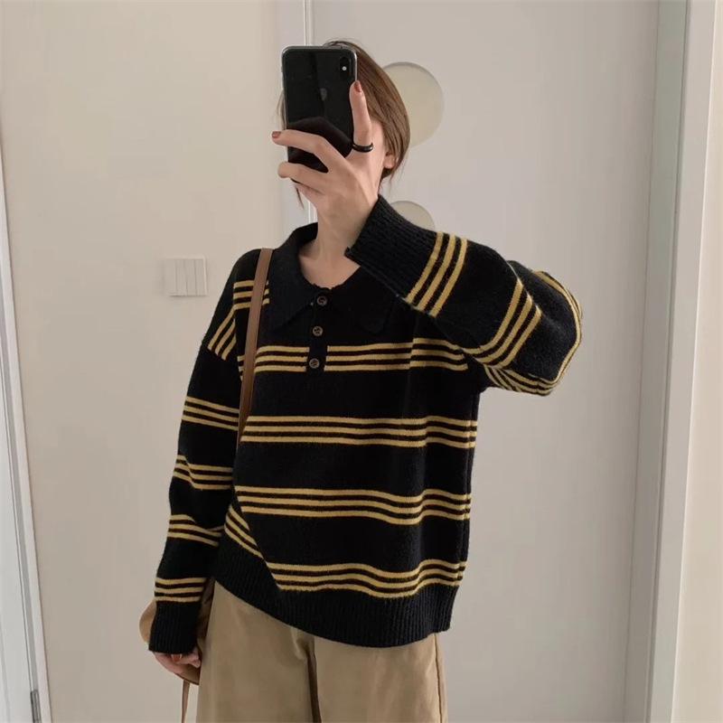 Women's Autumn Color Block Striped Polo Collar Sweater - Korean Style Versatile Pullover Knitwear