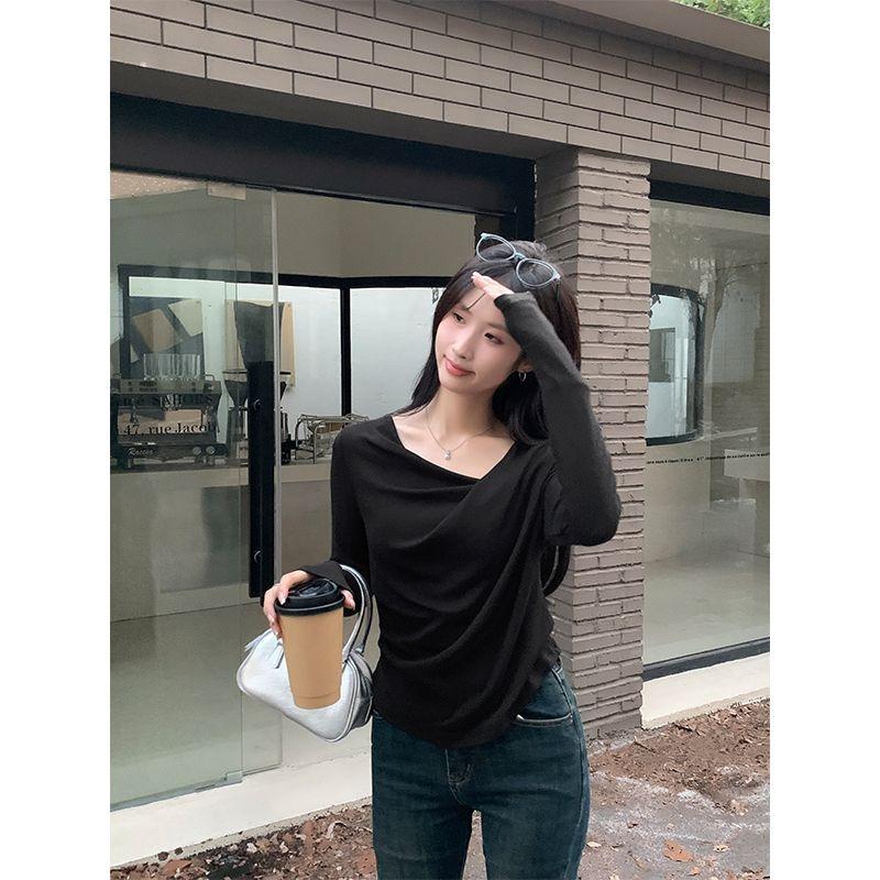 Spring and Autumn Gentle Style Slim Long Sleeve T-Shirt Women's Irregular Twist Slim Top