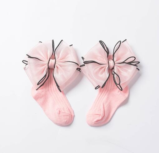 Girls Black Calf Socks Cute Bowknot Pearl Decor Combed Cotton Comfortable Toddler Baby Socks