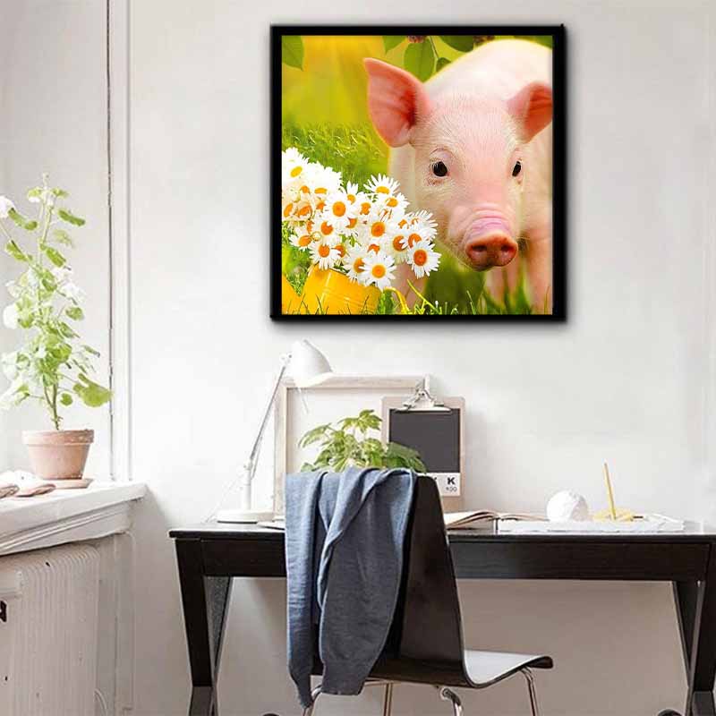 New Arrival 5D DIY Full Circle Diamond Painting "Piggy In the Flowers" Embroidery Cross Stitch Home Decor Gift
