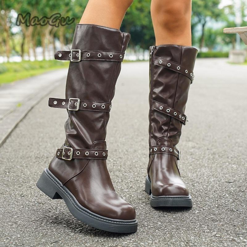 Women's Autumn Boots Pu Leather Belt Buckle Knee High Boots Black Brown Western Cowboy Casual Shoes Medium Heel Bottes Femmes
