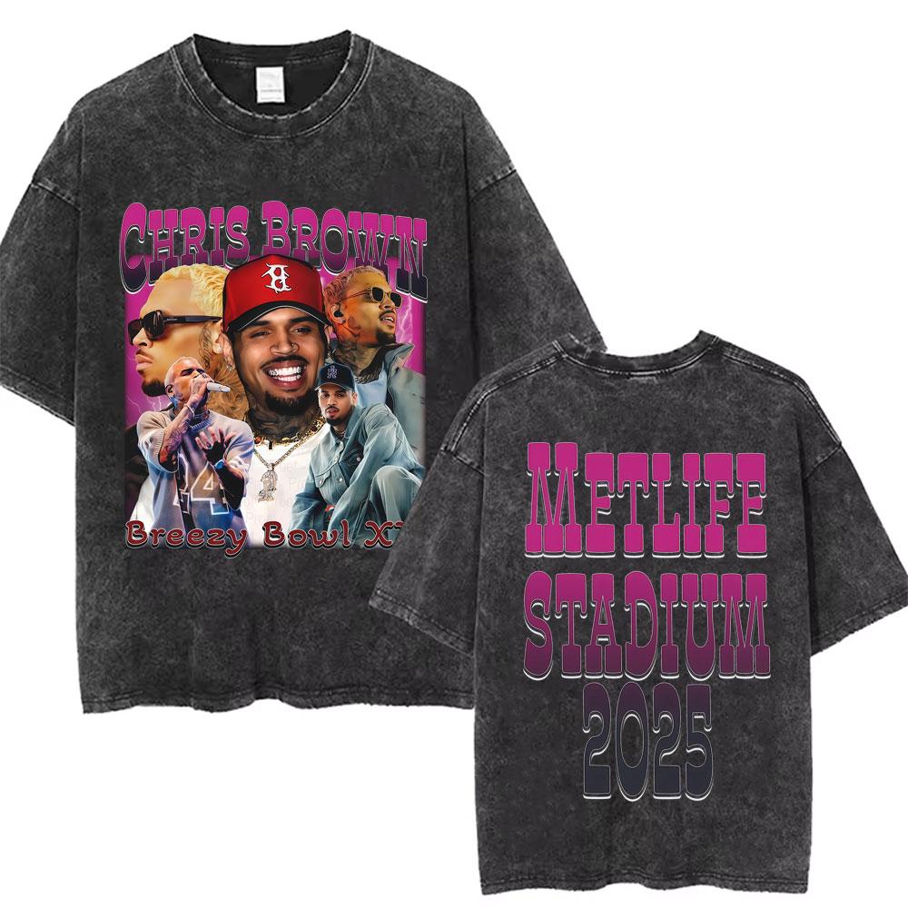 Retro gewaschen Chris Brown Breezy Bowl XX Tour Grafik T-Shirts Herren Hip Hop Mode Freizeit-T-Shirts Unisex Sommer Baumwoll-T-Shirts