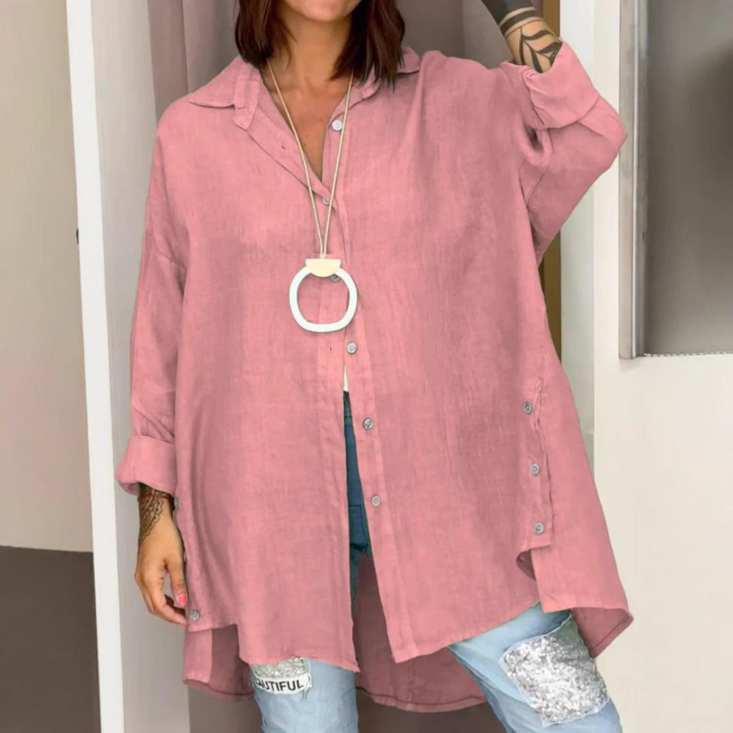 

Женская летняя рубашка из хлопка и льна, женская однотонная рубашка, свободная рубашка с рукавом девять четвертей XXXL розовый