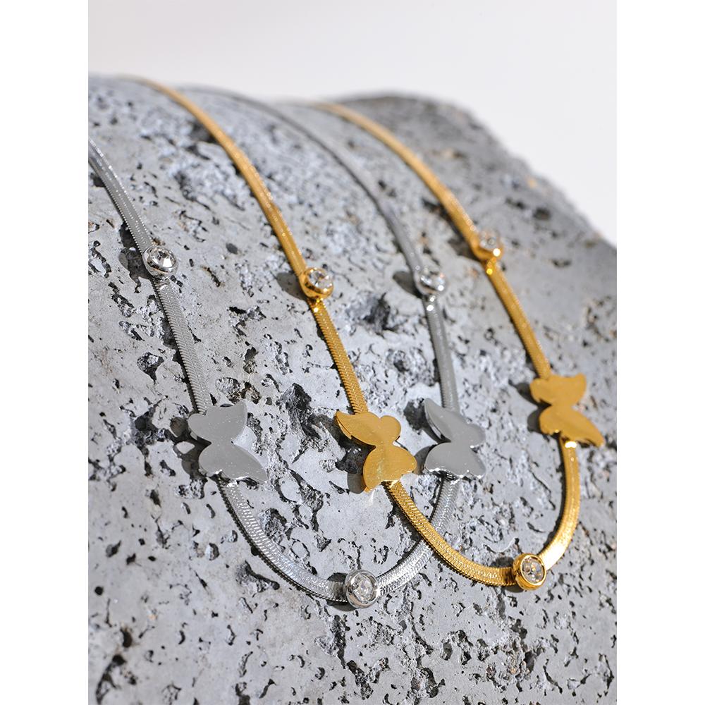 Yhpup Exquisite Stylish Stainless Steel Butterfly Cubic Zirconia Flat Collarbone Chain Chic Necklace Waterproof Premium Jewelry
