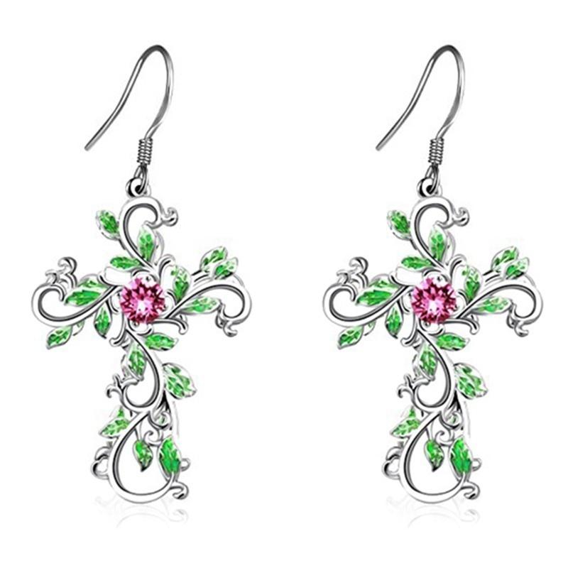 Flower Cross Pendant Necklace Earrings Jewelry Set for Women Gifts