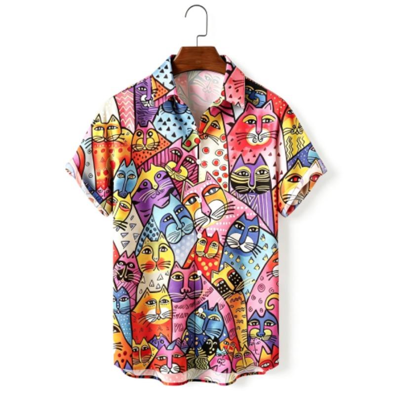 Summer Fashion Funny Colorful Cartoon Cat Printing Shirt Hawaiian Beach Vacation Clothing Men's Street Style Shirt Daily Men's and Women's Shirt