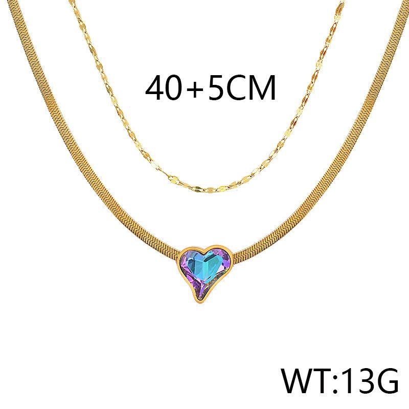 Collier double couche en titane et acier, pendentif en cristal d'amour, chaîne de clavicule en acier inoxydable