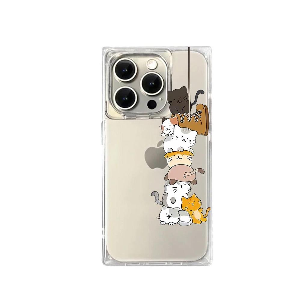 Square Back Tube Protection Clear Case For iPhone 11 14 Pro Max 13 16 ProMax 12 15 Plus Anti-Oxygen,Stacked Cat Pattern Casing