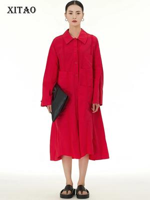 Solid Color A-line Dress Simplicity Pocket Decoration Casual Single Breasted Women DMJ3854