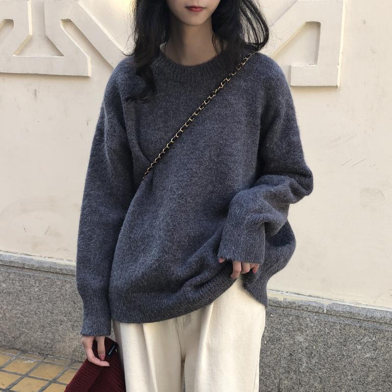 Women's Solid Color Crew Neck Pullover Sweater Loose Lazy Fit Long Sleeve Knit Top Fall Versatile Casual Knitwear