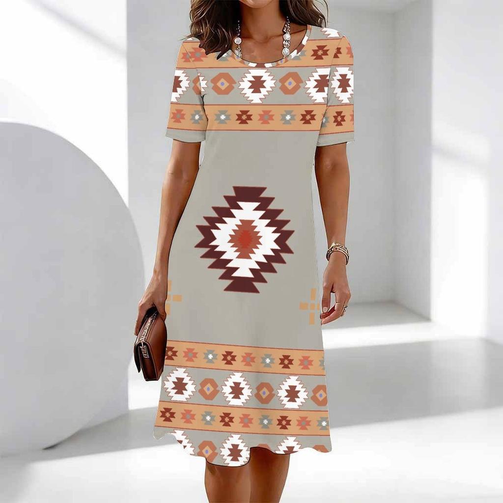 Plus Size Ladies Crew Neck Short Sleeve Dress Soft Retro Floral Print For Casual Downtown Stroll