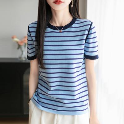 New Summer Pure Cotton Knitted Casual Loose Bottom Striped Color-blocking Short-sleeved Korean Version Simple Top Short-sleeved Women's Style