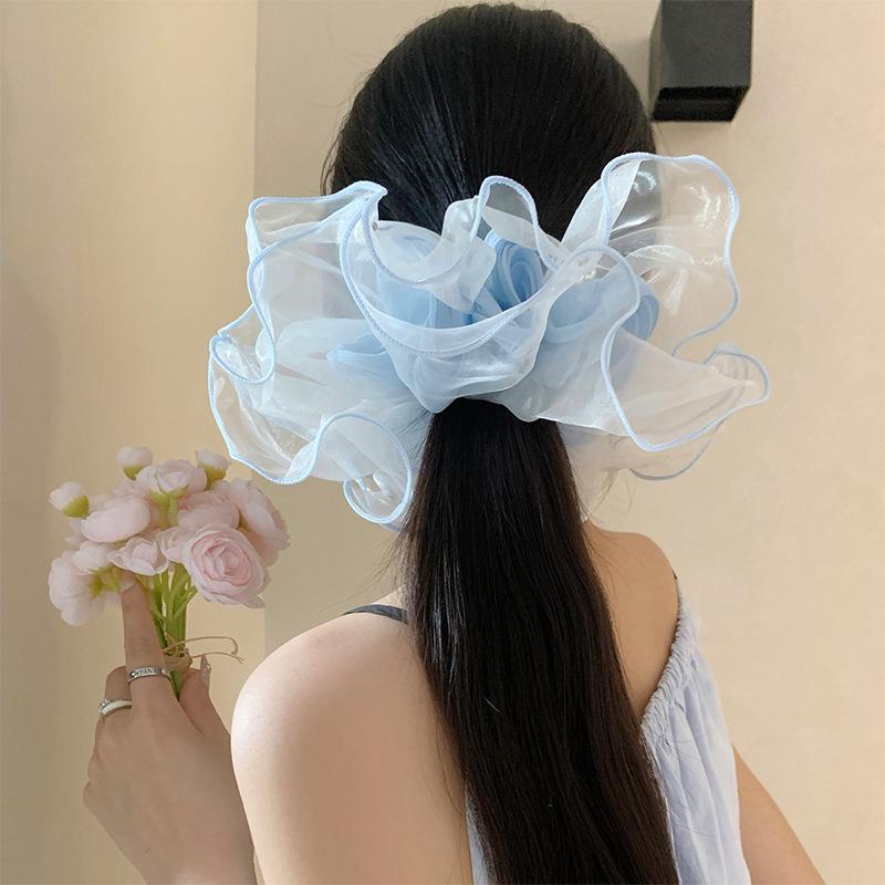 Deluxe Blue Mesh Scrunchie for Women - Extra Large Korean-Style Hair Accessory