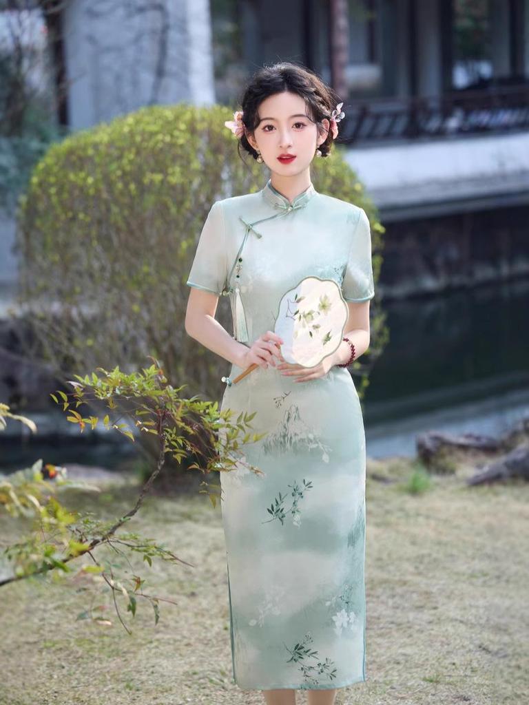 2025 Summer Elegant Long Cheongsam - Young Style with Stand Collar & Slit