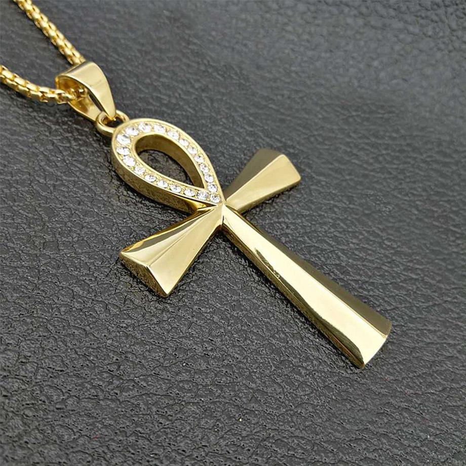 Egypt Iced Out Bling Ankh Cross Pendant Necklace Women Men Key of Life Gold Color Stainless Steel Rhinestones Egyptian Jewelry