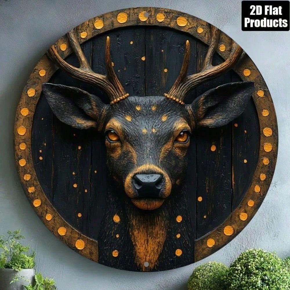 

Vintage Gold Deer Head Metal Poster 8 Inch Round Aluminum Wall Art for Bar Cafe Office