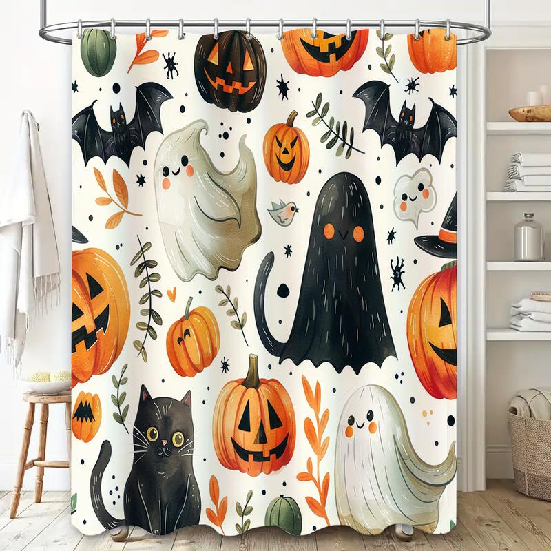 Halloween-themed shower curtain featuring spooky ghosts and ghouls perfect for your haunted house!
