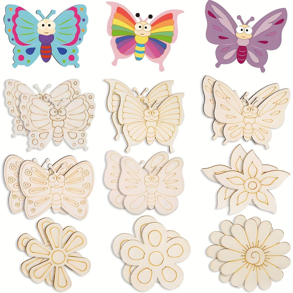 8pcs Various Sizes Shapes Wooden Cutouts - Butterflies & Flowers Ornaments To Paint, 9 Styles DIY Blank for Home Crafts Hanging Decorations
