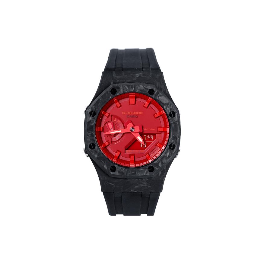 

CASIO Men Liquid Crystal/Analog Dual Display Series Red Watch GA-2100-4A- Carbon Fiber Black Studs
