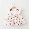 Kleinkind Mädchen Ärmelloses Sommerkleid mit Kirschen-Print Zweiteiliger Stil Rüschenkragen Lässiges Leichtes Kleid für 1-4 Jahre