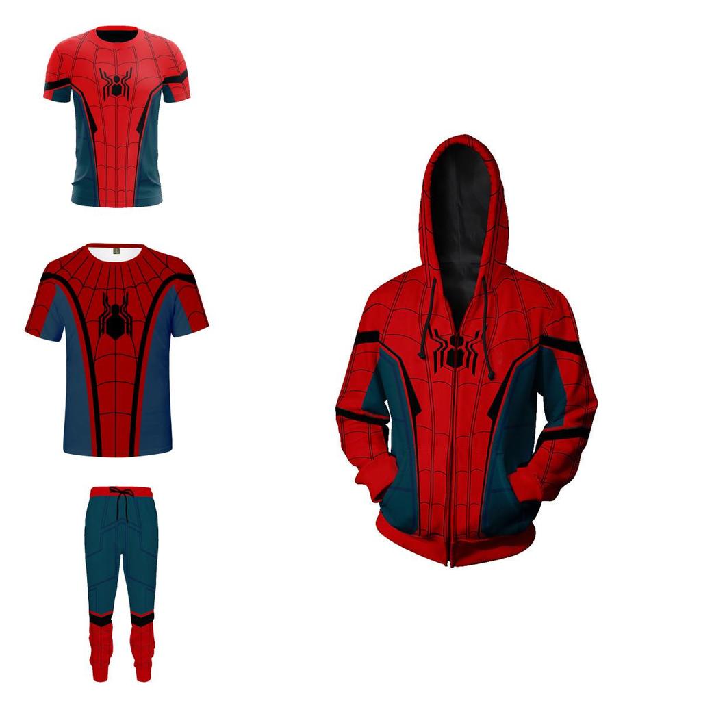 Felpa con zip T-shirt Pantaloni Set Spiderman Hip Hop Marvel Costume Cosplay