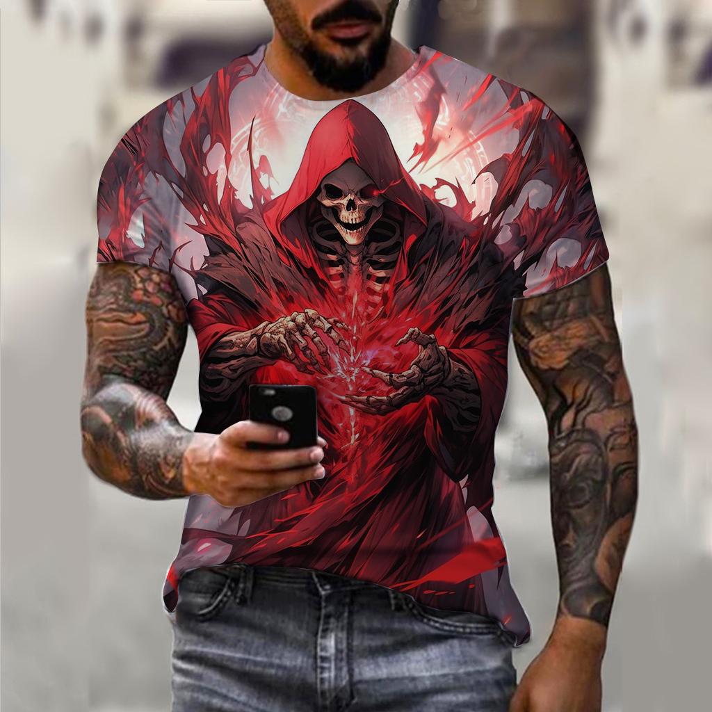 Summer Round Neck 3D Horror Skull Print Top Fashionable Casual Short Sleeved Men's T-shirts