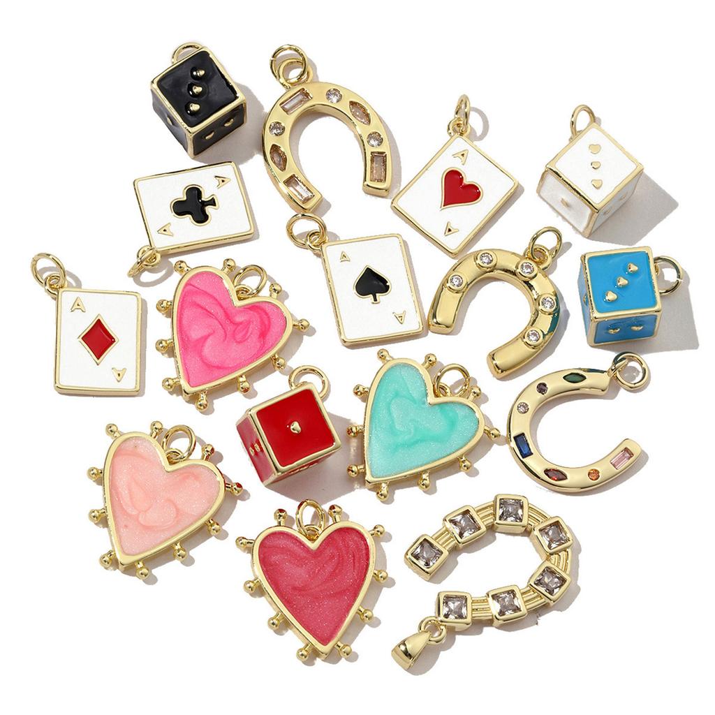 Pack of 3 18k Gold Plated Earrings Charm Heart/Horseshoe/Dices Poker Card Necklace Pendant Jewelry Making Accessories