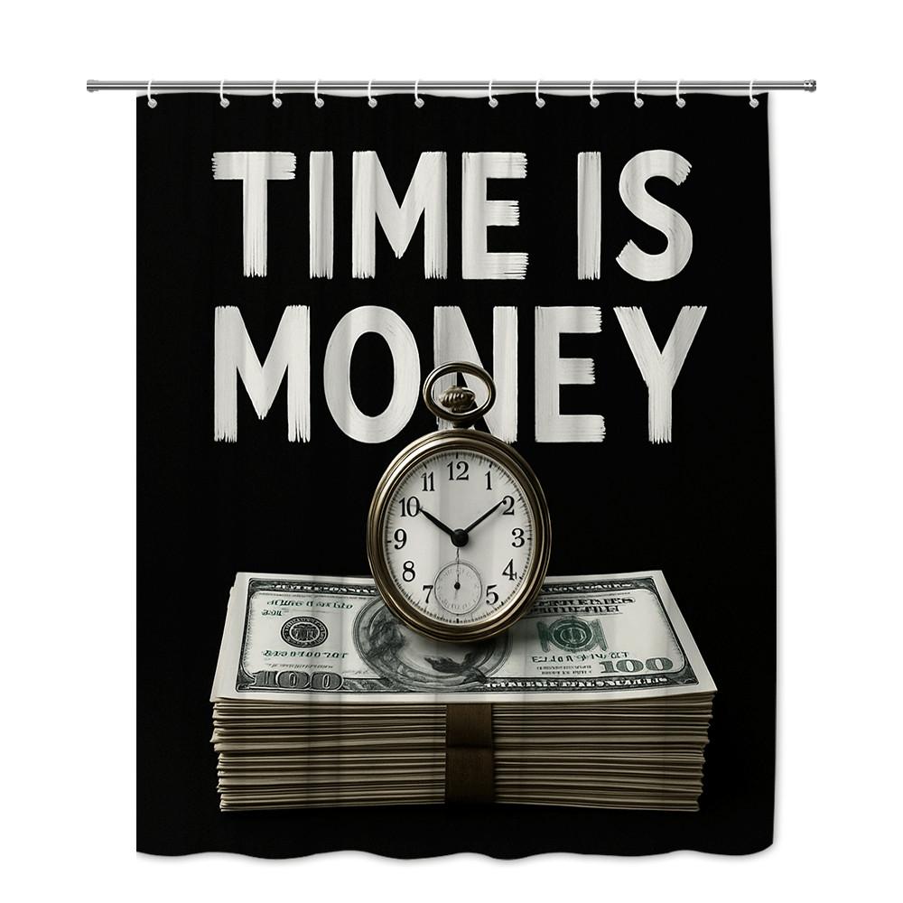 Time Is Money Shower Curtain Black Background Clock Stack Business Motivational Decor Waterproof Free Hooks Included Non-Toxic