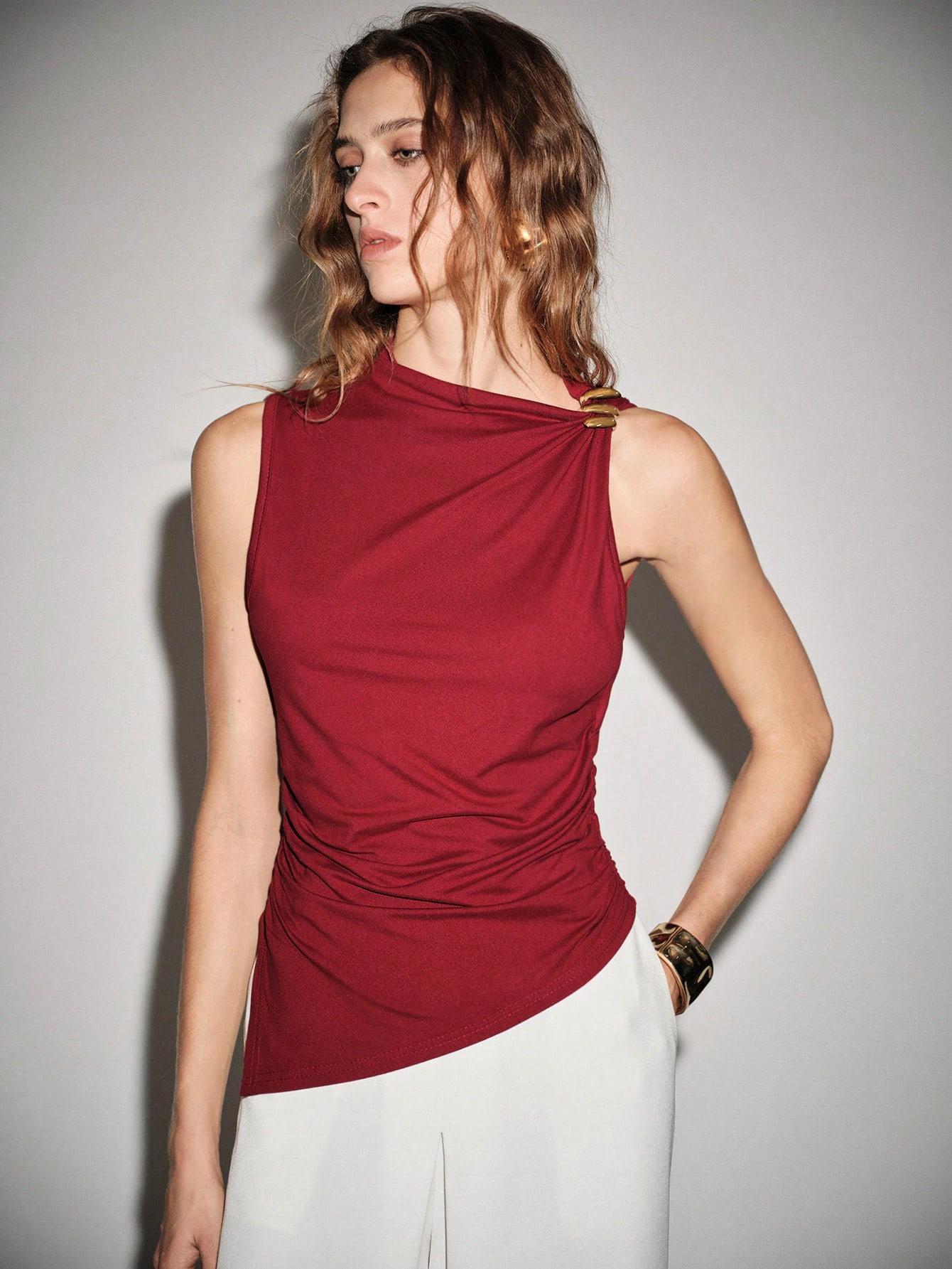 

2026 Summer Women s Sleeveless Slimming Shirt with Metal Ring Large червоний